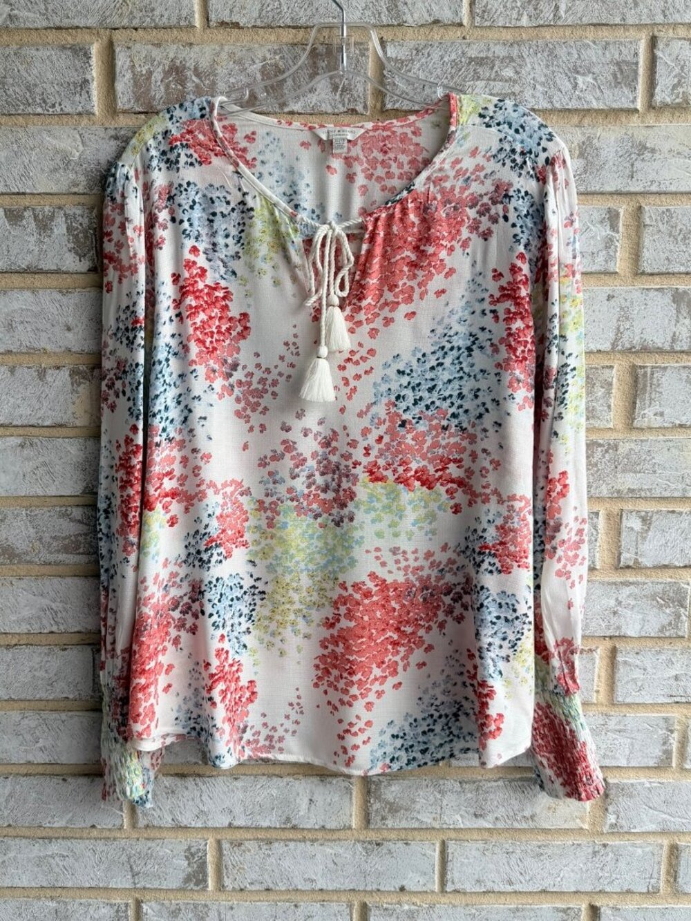 Lucky Brand Long Sleeve Tie Neck Multicolor Floral Semi-sheer Blouse  Size XL.